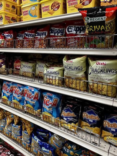 Asian grocery store aisle with Asian chips.